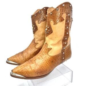 Vintage Q. Leizzy Cowgirl Boots 8M | Tan Leather Western Rivet Steel Toe Booties